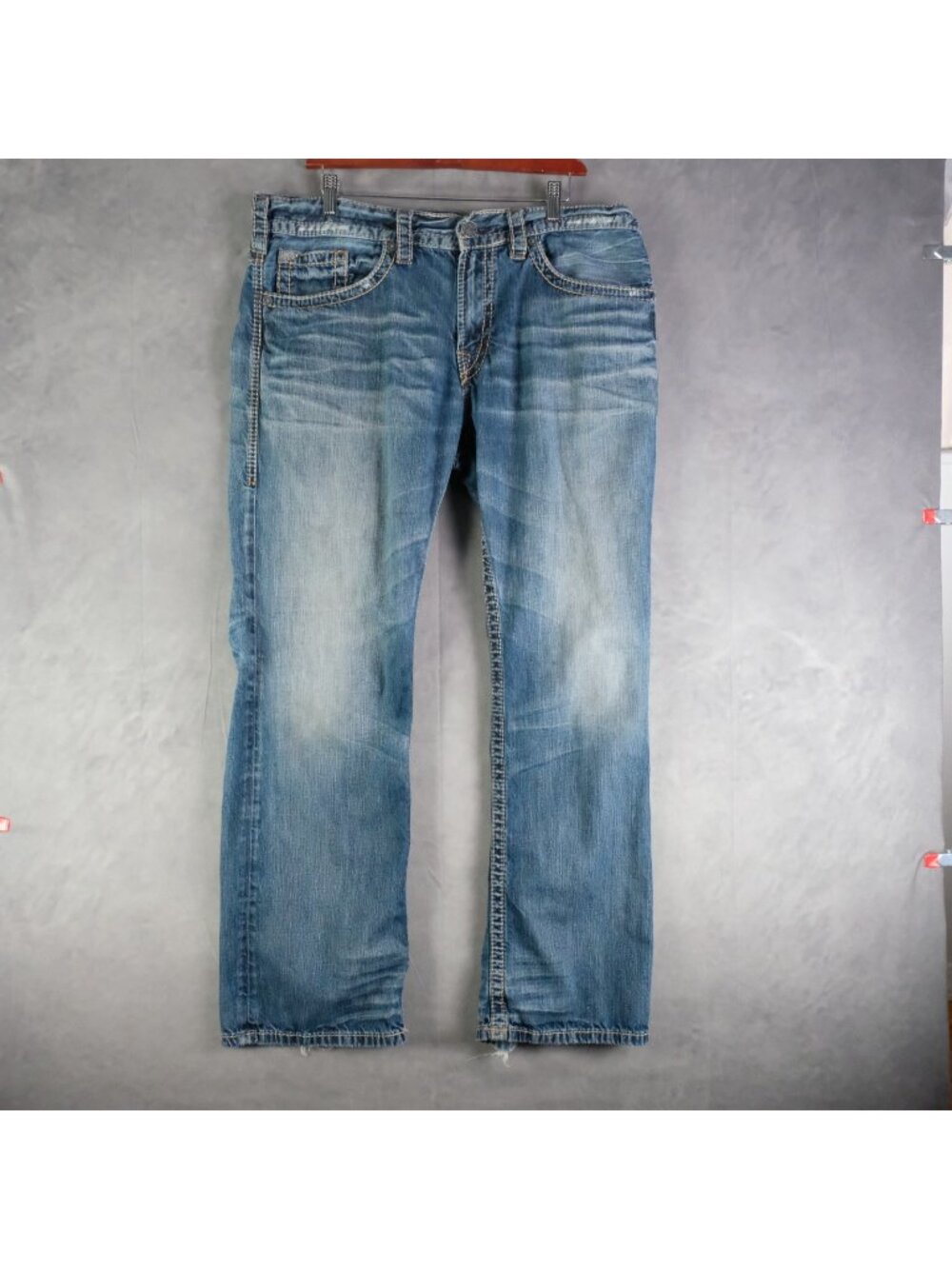 Silver Jeans Mens 38X32 Blue Zac Relaxed Straight Stone Wash Distressed